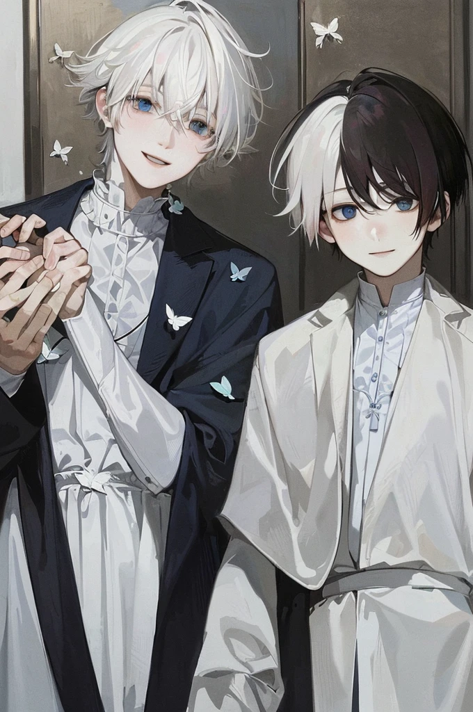 (muste piece), (highest quality), very detailed, (two boys:1.4), concentrated,perfect face, beautiful face, very detailed顔,(blue eyes:1.3),flower,butterfly々,flower petals,Light,(smile:1.3),(white haired boy:1.4),(black haired boy:1.4)