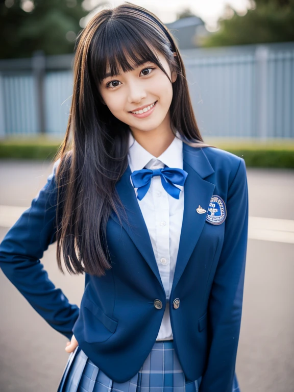 ((Masterpiece)), 8k, highest quality, naked, 1 girl, solo, beautiful face, gentle expression, real, cute, dark blue skirt, dark blue ribbon, dark blue blazer uniform, (Japanese high school girl), Smile, ((turning around and looking at camera)), long hair, normal chest, full body shot, classroom background,