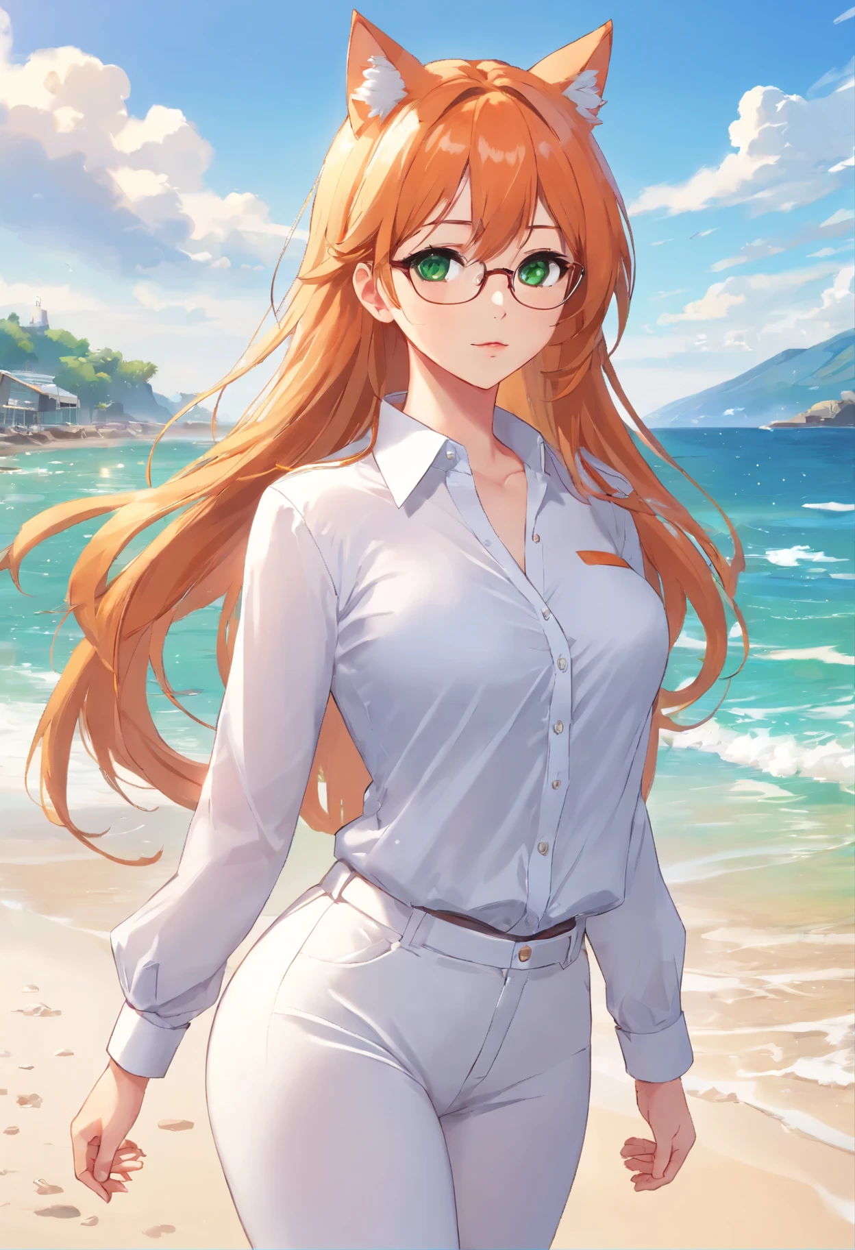 (masterpiece, Best quality), 8K, ultra detailed, realistic photo, Detailed face, perfect lighting, green eyes, bright orange hair, bright hair, fox ears, nice legs, side photo, beautiful, Cute, skin pores, 1 girl, perfect shirt, fully dressed, beautiful women 30 years old, Beautiful proportions, Russian woman, Caucasian, European, Business lady, stunningly beautiful woman, mother, thick legs, show ass, big breasts, (Thin white shirt:1.4), thick, hot, (White Office Wear:1.4), tight pants, (wide hips:1.2), thick, (white Office pants:1.3), spread your legs, Legs open, full length, wide hips, Glasses, with long orange hair, standing on the beach near the ocean, green eyes detailed digital anime art, cat ear, anime girl with long hair, гладкое аниме cg art, anime girl with long hair, digital anime art, work in Guweiz style, Beautiful anime portrait, Photorealistic render of an anime girl, pantyhose, Beautiful anime girl, advanced digital anime art, guweiz на artstation pixiv HD UHD HQ