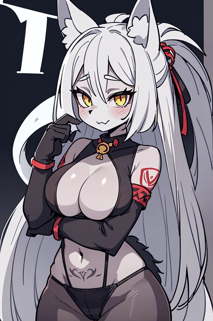 1girls animal ears anthro areola slip big breasts canid canine countershading eyelashes female female only fur furry grey fur grey hair huge breasts katana legwear loincloth long hair looking at viewer mask mouth mask narrowed eyes nipple bulge skimpy skimpy clothes solo tail tattoo tattoo on breast thick thighs thigh squish white background wolf yellow eyes yiff