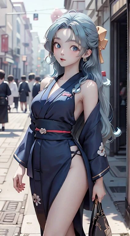 Anime School Girl, Wear a sexy outfit, Short kimono, Bare arms, Bare back, Bare shoulders, walk, Long Hair, Light blue hair, View the viewer, blue eyes