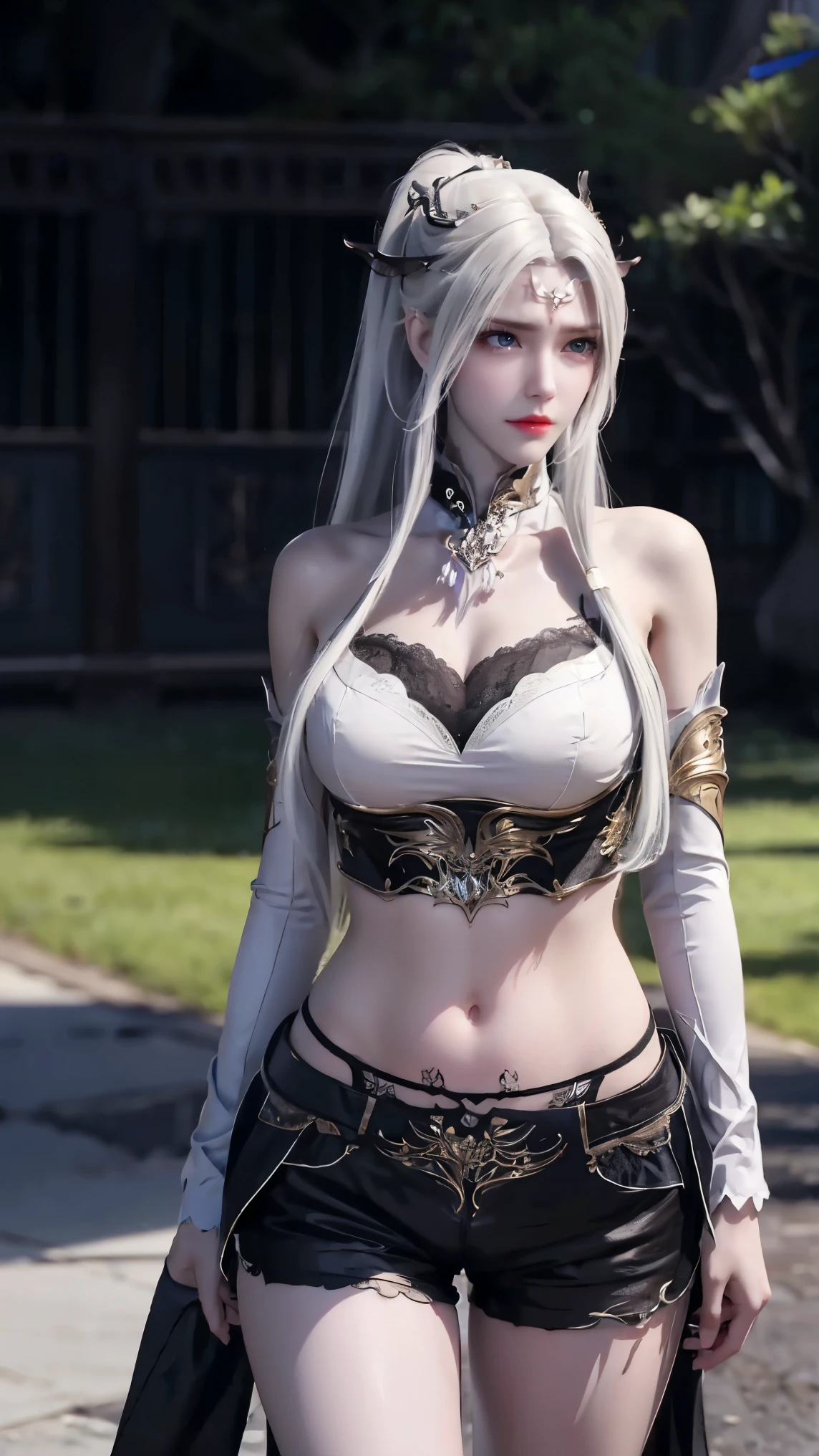 ((best quality, 8k, masterpiece:1.3)), important: 1.2, Perfect body beauty: 1.4, Hips: 1.2, ((Layered Hairstyle, Chest: 1.2)), (Wet clothes: 1.1), (rain, street:1.3), Tube Top Dress: 1.1, Highly detailed face and skin texture, Squinting, Double eyelids, whiten skin, Long hair, (shut up: 1.3), Smiling white-haired girl, High Ponytail Hairstyle, Sports Tops, Oversized bust, Succubus, (((Succubus tattoo on lower abdomen))), Transparent Super Skinny Low Rise Bow Pants, (((ultra-low waist))), Full body image, Sexy girl, Sexy, Happy laughter, Shy, (((Showing belly))), Express, There is a heart in the eyes, (Detailed drawing of eyes), Sexy Long legs, Thin waist, Sweat is running down my waist, (Showing belly), ((Succubus tattoo extreme detail portrayal))), , Front squat, Dark lock method, Asymmetrical bangs, Transparent clothes, Hands on thighs, Look away, 8k resolution, Missed ionary, Raise an eyebrow, Shiny hair, Flower head, Wristband, White hair bandage、Close-up of 错过 wearing white mask, Beautiful character painting, guweiz, Gurwitz-style artwork, White-haired god, author：Yang Jie, Epic and beautiful character art, Stunning character art, author：Fan Qi, by Wuzhun Shifan, pixiv art station street guweiz, Single ponytail, insult, High Ponytail, Tall and big, Long legs, (Sleeveless lace shirt), (shorts), (Striped )), ((Striped )), Walk,