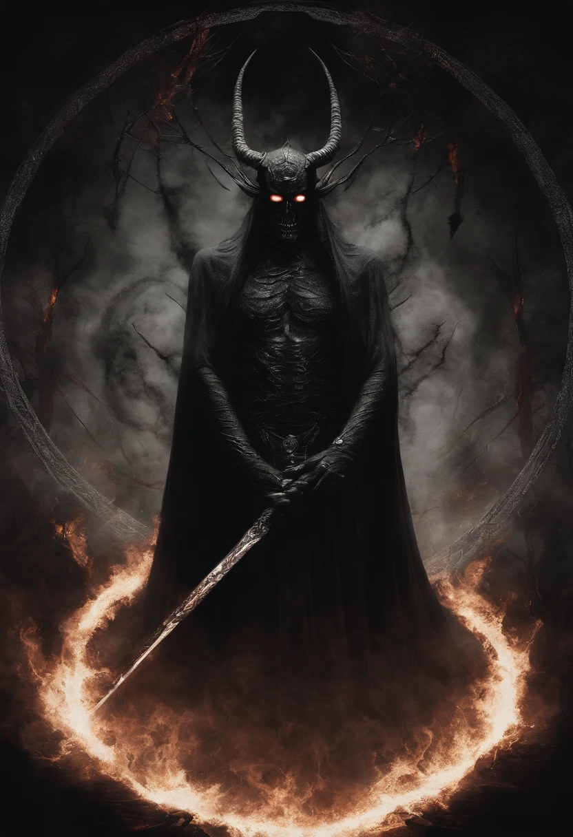 Hell God, lucifer, black face, no face, re eyes, holding glowing light sword, glowing text, against giant hell lord, circle light symbol behind head, dark fantasy art, smoke, fire