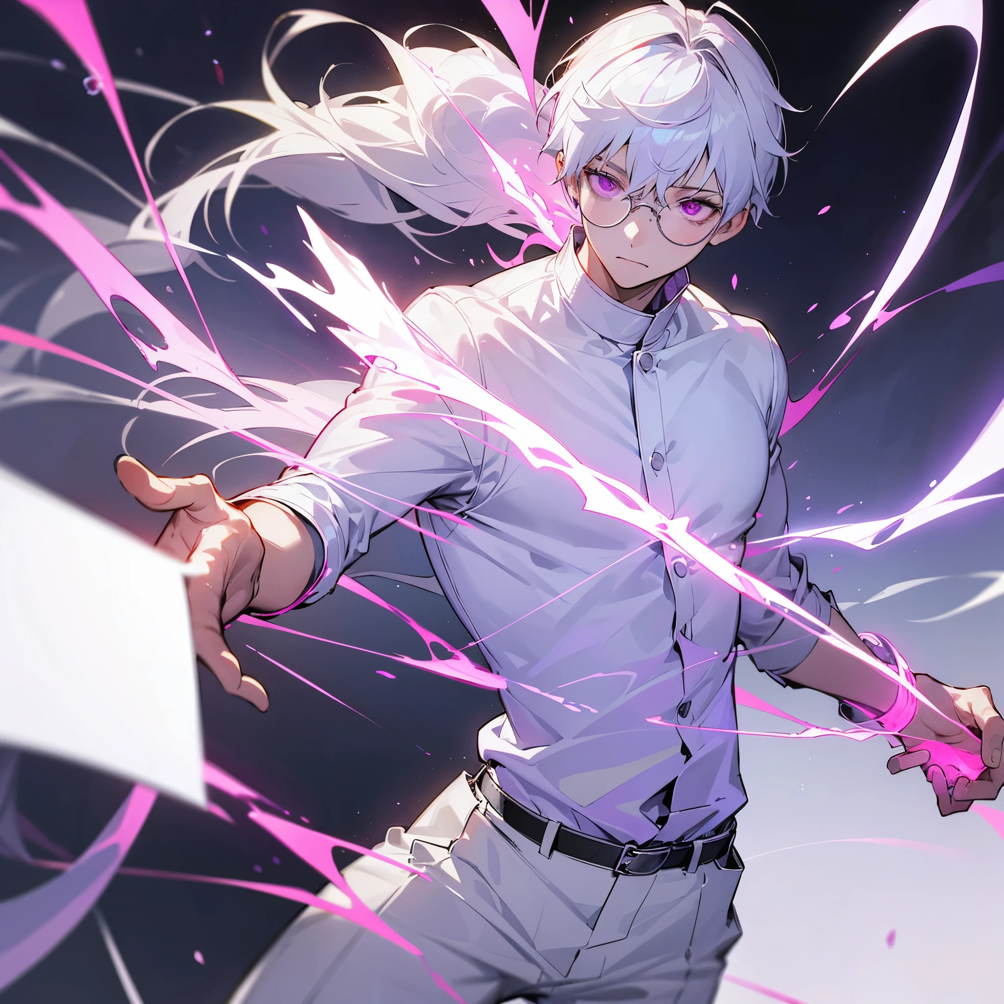 8k, high quality, 1 boy, white hair, pink eyes, white shirt, white pants, round glasses, IT skills, coding, grab a dagger, purple lighning aura