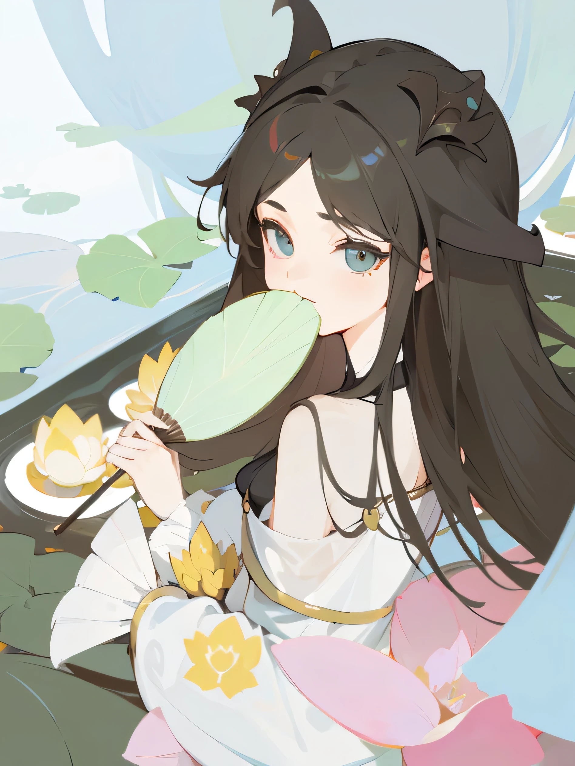 Second Dimension，antiquity，Flat coating，Girl，Holding a fan，Lotus leaf background，Ultra HD