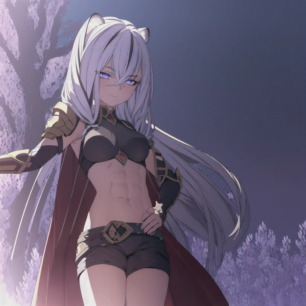 ((masterpiece)), (best quality), (ultra-detailed), photorealistic, (best illustration), ((an extremely delicate and beautiful)), 1woman, solo, long hair, tiger ears, [:tiger tail under:0.2], white hair, two-tone hair, feet out of frame, shining armor, (Alternative outfit:1), long gorgeous cape, cross-laced, standing, evil purple eyes, black colored armor, sharp formed shoulders, detailed scenery, cyberspace background, low twin braids, twin braids, hair ornament, bracelet, (crossed hands:0.9), looking at viewer, glowing in darkness eyes, wide malicious smile, purple Eyes glow, big breasts.,open belly, abs, dominant. 