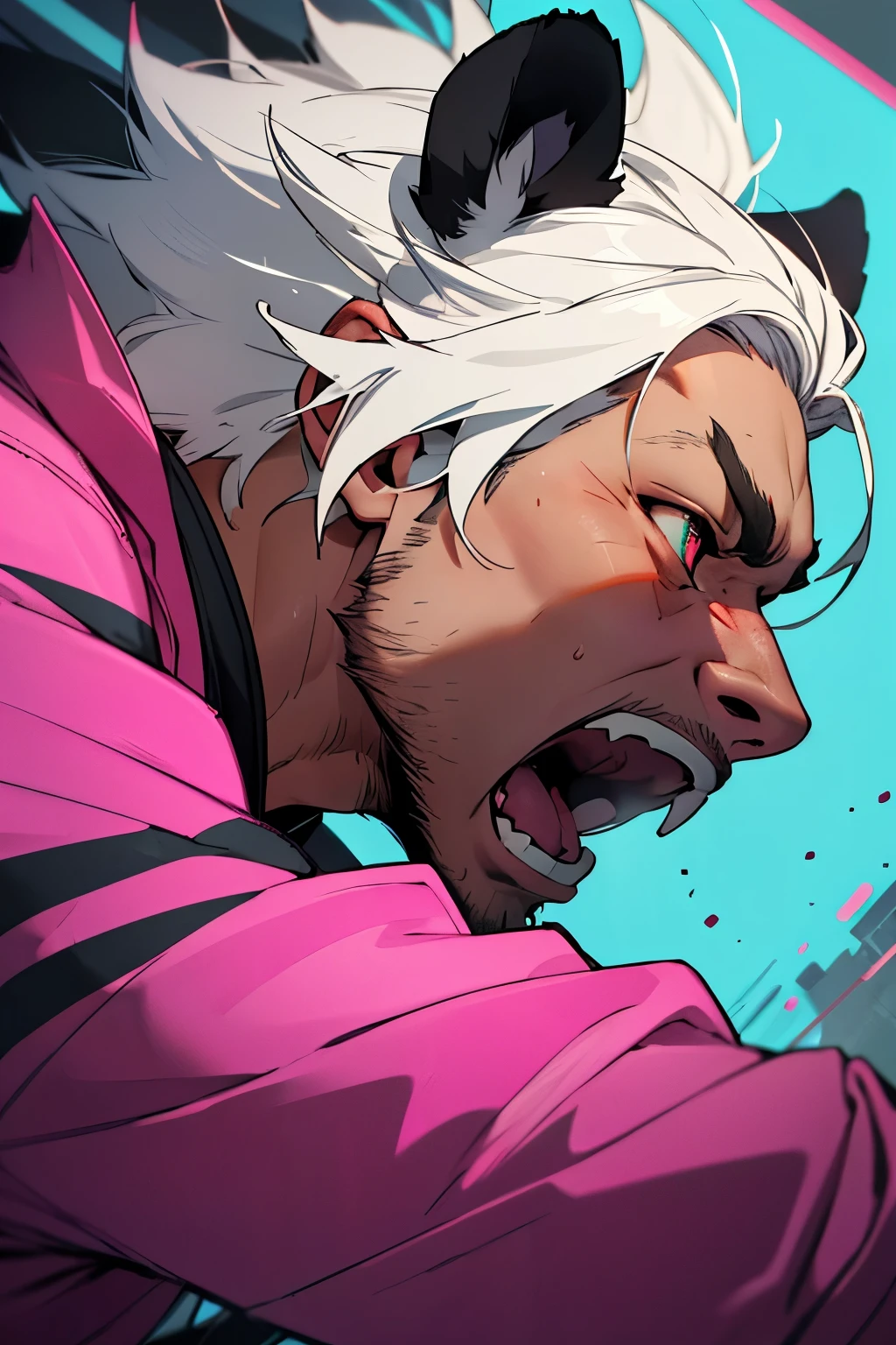 4k quality, HDR+, guy, dude, male face, tanned skin, brown face, 25 yr old man with panda ears, short/medium white hair, masculine, 2d scared screaming face with eyes popping out, but make it more terrified, eyes closed, male, guy, dude with panda ears, scared, screaming, terrified, full profile, full face, wearing pink and teal clothing