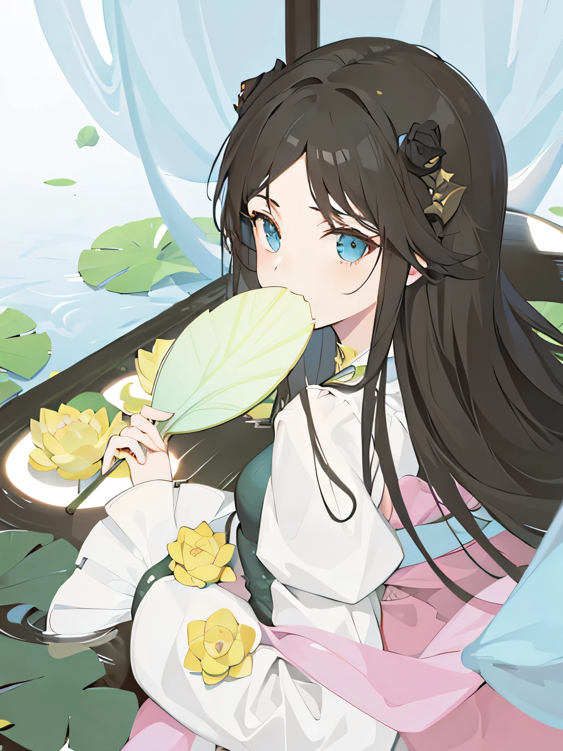 Second Dimension，antiquity，Flat coating，Girl，Holding a fan，Lotus leaf background，Ultra HD