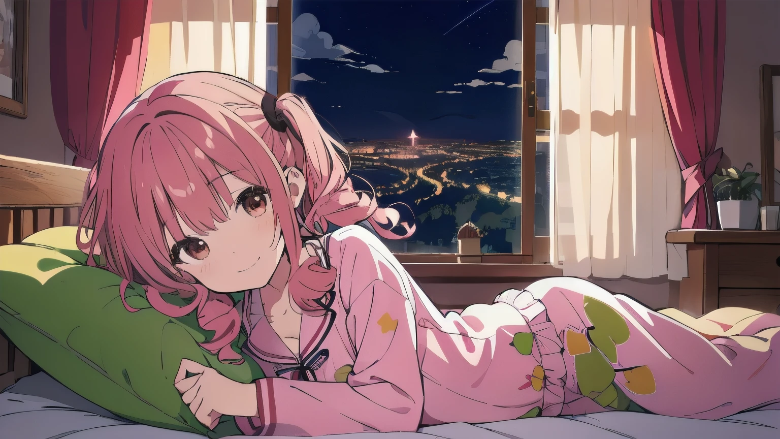 Very detailed, Detailed Background,　(highest quality, masterpiece, High resolution), One girl,　(Curly Hair:1.4), Twin tails, smile,　 Mid-chest, Pink Hair,  Upper Body, pajamas,　long hair、　(night:1.4)、I can see the grassland from the window,　Dimly lit room, Co-sleeping style,　