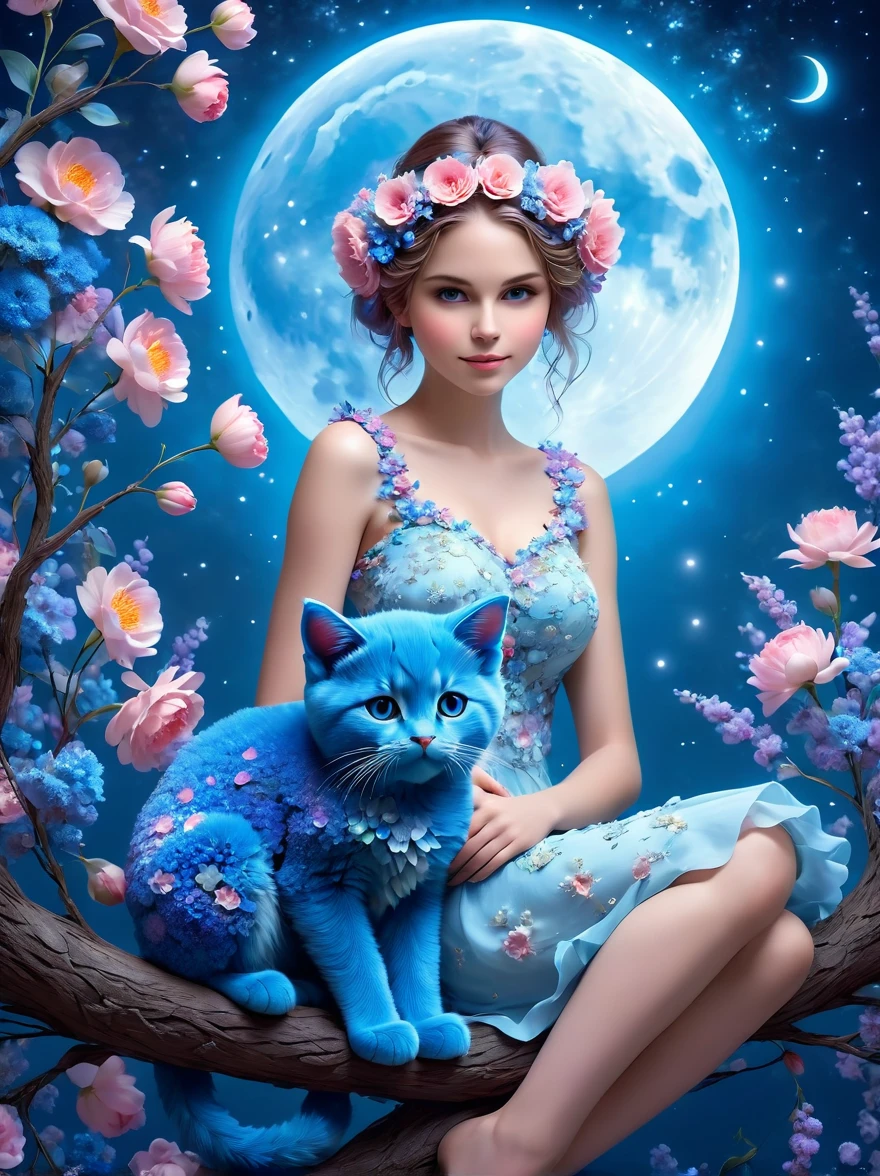 pam-flwr, A cute girl made of flowers sits on a branch，Holding a blue cat，There is a full moon behind，Fresh colors，Soft colors，blur background，Highly detailed，lifelike，Lifelike，Studio Photos，Highly detailed，dynamic，，masterpiece，complex，hdr，Abstract fractal，Romantic atmosphere