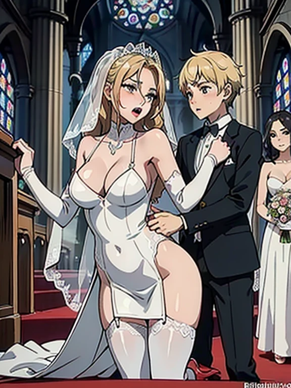 Photo of a hot and sexy tall busty BLONDE bride with a small son (Shota) having sex in a church , A nine-year-old boy penetrating and holding Bride grabbing her chest in the church , son penetrating her with his erection (agarrar) ((agarrar el pecho)), Sexy Bride in mini dress in church showing her tits, Modelo Mujer Latina Alta novia hermosa , La mejor calidad, ojos expresivos, Cara perfecta, sexy bride and her little son having sex in church , Son penetrating topless mom bride  with his erection , Mom bride topless in the church wet and moaning