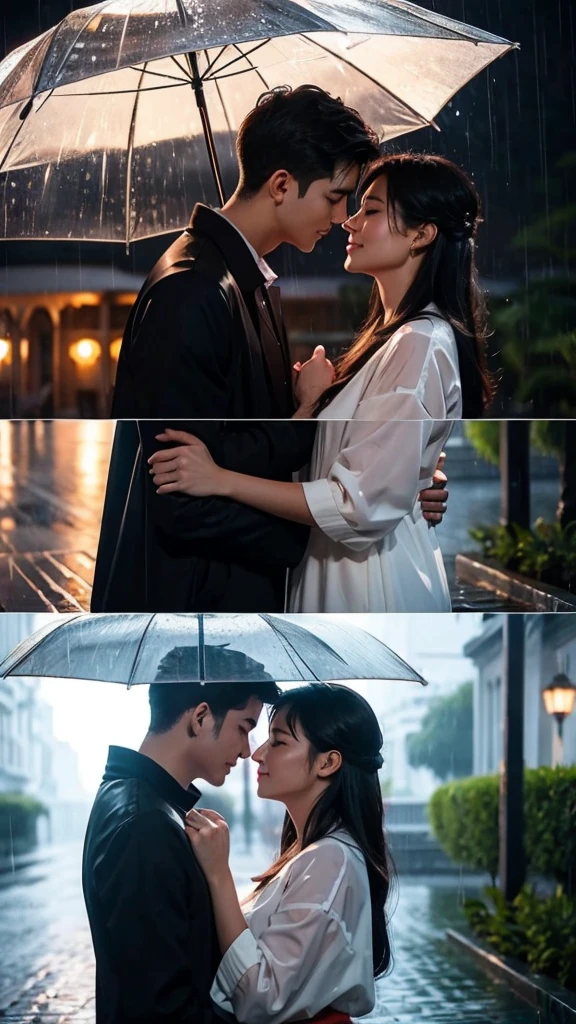 Couple sharing romantic moments under the rain