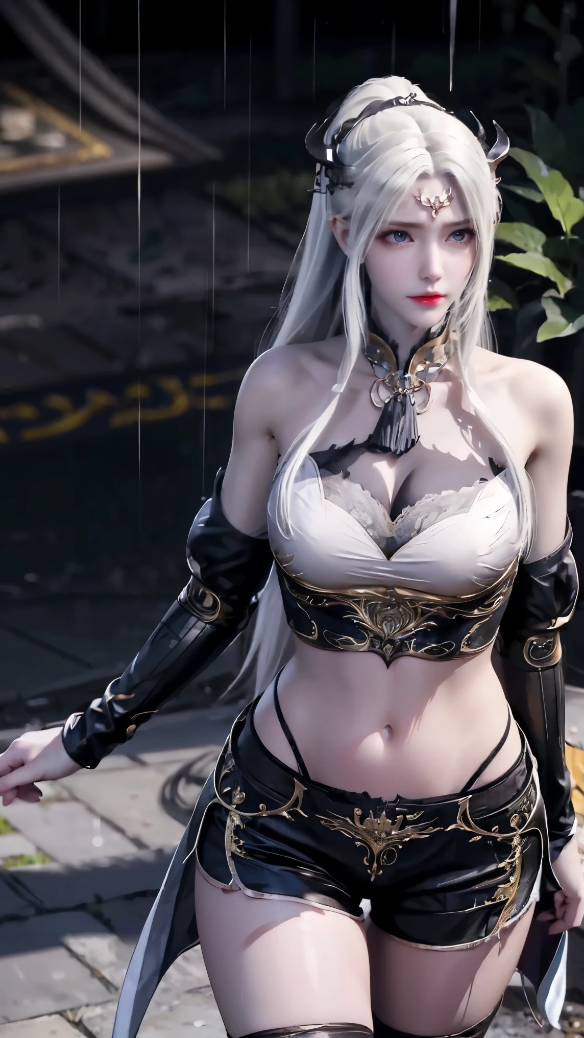 ((best quality, 8k, masterpiece:1.3)), important: 1.2, Perfect body beauty: 1.4, Hips: 1.2, ((Layered Hairstyle, Chest: 1.2)), (Wet clothes: 1.1), (rain, street:1.3), Tube Top Dress: 1.1, Highly detailed face and skin texture, Squinting, Double eyelids, whiten skin, Long hair, (shut up: 1.3), Smiling white-haired girl, High Ponytail Hairstyle, Sports Tops, Oversized bust, Succubus, (((Succubus tattoo on lower abdomen))), Transparent Super Skinny Low Rise Bow Pants, (((ultra-low waist))), Full body image, Sexy girl, Sexy, Happy laughter, Shy, (((Showing belly))), Express, There is a heart in the eyes, (Detailed drawing of eyes), Sexy Long legs, Thin waist, Sweat is running down my waist, (Showing belly), ((Succubus tattoo extreme detail portrayal))), , Front squat, Dark lock method, Asymmetrical bangs, Transparent clothes, Hands on thighs, Look away, 8k resolution, Missed ionary, Raise an eyebrow, Shiny hair, Flower head, Wristband, White hair bandage、Close-up of 错过 wearing white mask, Beautiful character painting, guweiz, Gurwitz-style artwork, White-haired god, author：Yang Jie, Epic and beautiful character art, Stunning character art, author：Fan Qi, by Wuzhun Shifan, pixiv art station street guweiz, Single ponytail, insult, High Ponytail, Tall and big, Long legs, (Sleeveless lace shirt), (shorts), (Striped )), ((Striped )), Walk,