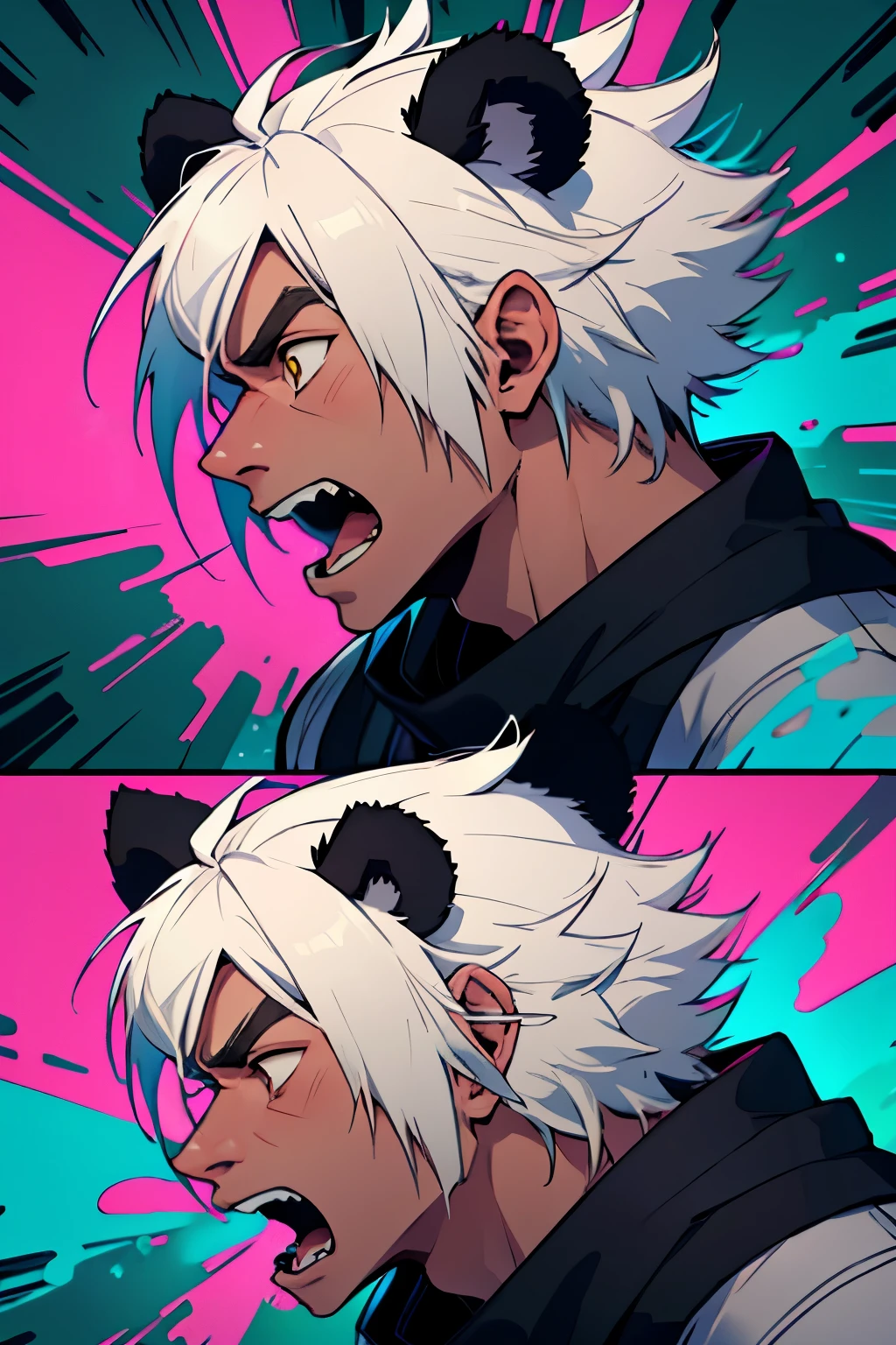 4k quality, HDR+, guy, dude, male face, tanned skin, brown face, 25 yr old man with panda ears, short/medium white hair, masculine, 2d scared screaming face with eyes popping out, but make it more terrified, male, guy, dude with panda ears, drooling, drool on face, shy, full profile, full face, wearing pink and teal clothing