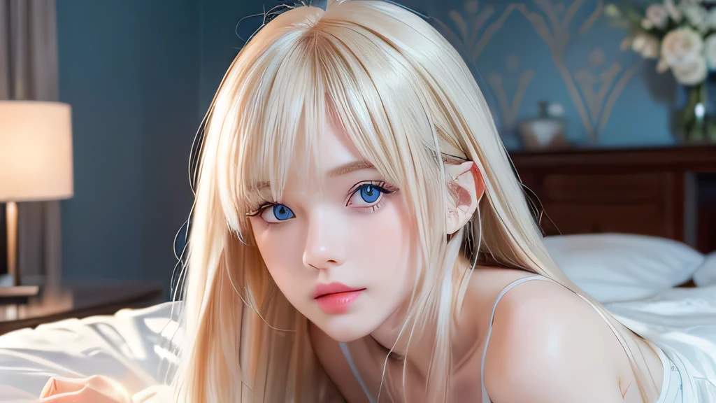 A very white and beautiful 20-year-old blonde girl、masterpiece, highest quality, shape, Ultra-fine detail, Natural platinum blonde with a natural shine、Super long straight silky hair、Super long hair like Rapunzel、Hair tangled all over the body、bangs over eyes、bangs on the face、Messy bangs、High resolution, 8K TV Wallpaper, Perfect dynamic composition, Big, bright, light blue eyes that shine beautifully、Very big eyes、of hotel(bed)、Small Face Beauty、Round face、double eyelid、Cheek gloss highlighter、On all fours