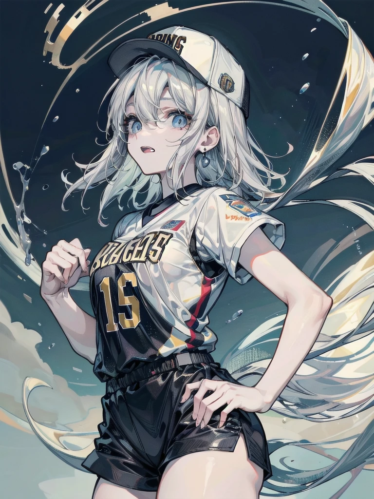 whole body, Basketball shirt, baseball cap, Hot Pants, absurdres, RAW photo, extremely delicate and beautiful, masterpiece, Best Quality, ultra high resolution, 32k, hyperrealistic, ultra-detailed, perfect figure, perfect shape, detailed description, pale skin, 20 years old, detailed beautiful face and eyes, tearful mole, earring, short medium hair, wavy hair,