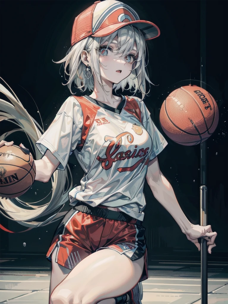 whole body, Basketball shirt, baseball cap, Hot Pants, absurdres, RAW photo, extremely delicate and beautiful, masterpiece, Best Quality, ultra high resolution, 32k, hyperrealistic, ultra-detailed, perfect figure, perfect shape, detailed description, pale skin, 20 years old, detailed beautiful face and eyes, tearful mole, earring, short medium hair, wavy hair,