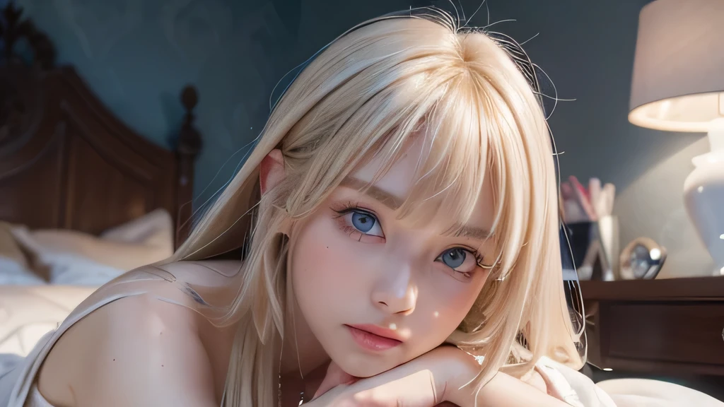 A very white and beautiful 20-year-old blonde girl、masterpiece, highest quality, shape, Ultra-fine detail, Natural platinum blonde with a natural shine、Super long straight silky hair、Super long hair like Rapunzel、Hair tangled all over the body、bangs over eyes、bangs on the face、Messy bangs、High resolution, 8K TV Wallpaper, Perfect dynamic composition, Big, bright, light blue eyes that shine beautifully、Very big eyes、of hotel(bed)、Small Face Beauty、Round face、double eyelid、Cheek gloss highlighter、On all fours