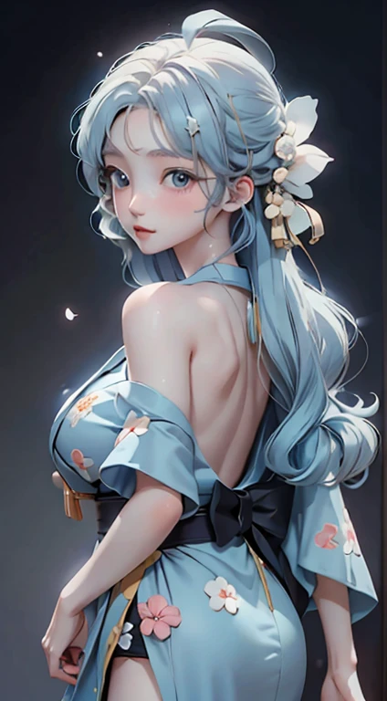 Anime School Girl, wear Kimono, Short kimono, arm of, Bare back, Bare shoulders, walk, Long Hair, Light blue hair, View the viewer, blue eyes,Big eyes、high resolution、Ultra delicate、Beautiful woman