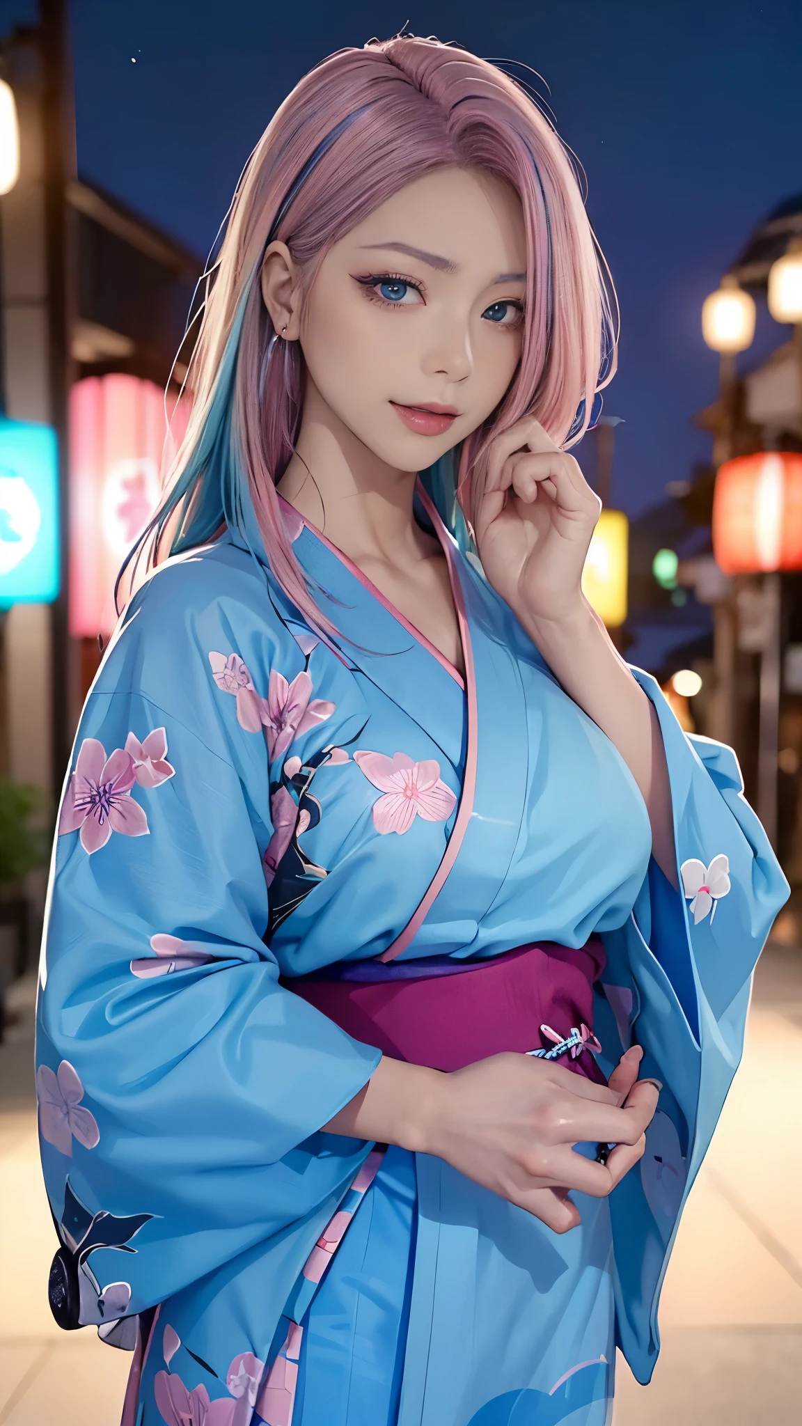 (masutepiece), (((Highest Quality)), (super detailed), 1 girl, (Iridescent hair, Colorful hair, Half blue and half pink hair: 1.2), 17 years old, (Yukata: 1.2), Midsummer Night、plein air, Bangs, Smile, sky-blue eyes, Perfect hands, Perfect hands, Hand Details, Corrected Fingers. earrings, Night Store + Background, up looking_in_viewer, Cowboy Shot, of the highest quality, rich detail, Perfect image quality, blue dark color、(night:1.5, Japanese Summer Festivals)