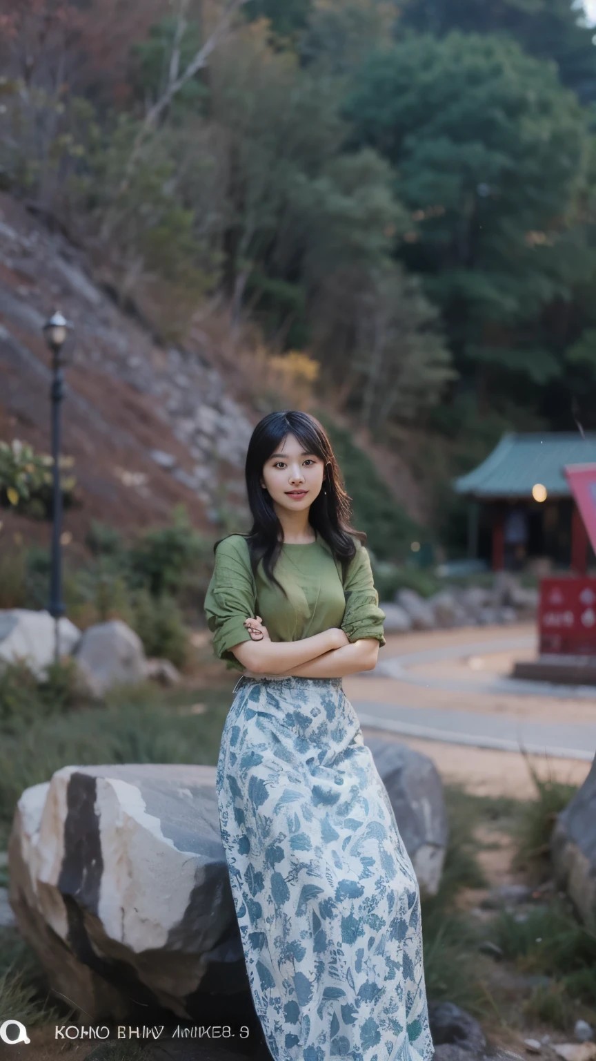 korean woman standing in front of a rock with a green shirt, a young asian woman, taken with canon eos 5 d mark iv, young asian woman, taken with canon 5d mk4, portrait image, photo of young woman, mid shot portrait, 7 0 mm portrait, young asian girl, 60mm portrait