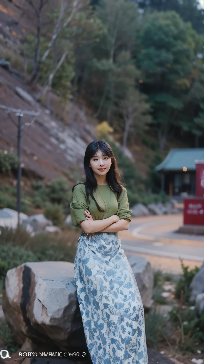 korean woman standing in front of a rock with a green shirt, a young asian woman, taken with canon eos 5 d mark iv, young asian woman, taken with canon 5d mk4, portrait image, photo of young woman, mid shot portrait, 7 0 mm portrait, young asian girl, 60mm portrait