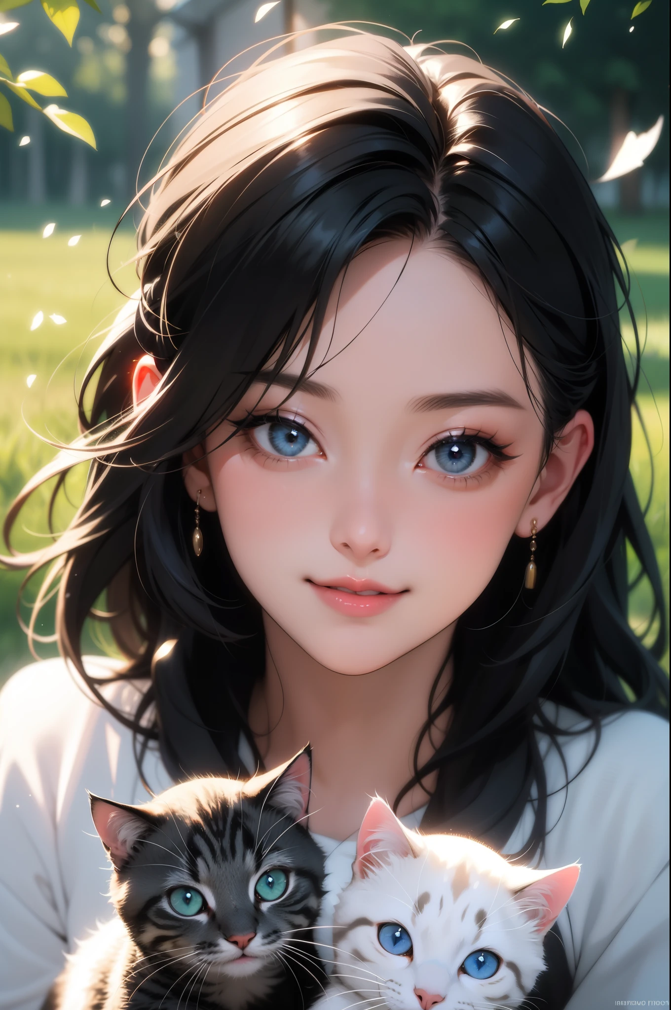 girl, cute, kittens, play, garden, beautiful detailed eyes, beautiful detailed lips, extremely detailed eyes and face, long eyelashes, fluffy fur, sunlight, colorful flowers, joyful expression, soft grass, gentle breeze, happiness, friendship, natural surroundings, vibrant colors, playful atmosphere, adorable, innocence, harmony, springtime, youthful energy, sunlight filtering through the trees, warm and inviting, cheerful, peaceful, delightful, a magical moment [artistic:1.1], vibrant illustration, high resolution, vivid colors, studio lighting, exquisite details, photorealistic, charming, heartwarming, lively composition, masterful brushstrokes, captivating, enchanting, delightful scene, perfect harmony between the girl and the kittens, high contrast, intricate details, volumetric lighting, (dynamic composition:1.0), highly detailed, colorful details, (iridescent colors), glowing lighting, atmospheric lighting, dreamy, magical, (solo), lens flare, (colorful:1.0), Cinematic light, high-res, sharp focus, smooth, colorful light, particles,