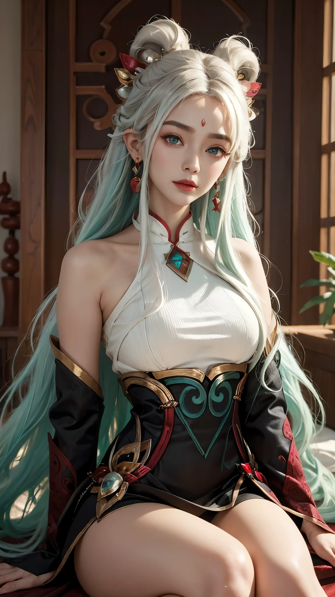 (masterpiece, best quality:1.2), intricate details, mythmaker irelia, 1girl, hair ornament, hair rings, bare shoulders, dress, detached sleeves, forehead mark, multicolored hair, white hair, earrings, green eyes, textured skin, looking at viewer, solo, light smile, (mature female:1.2),sexy pose