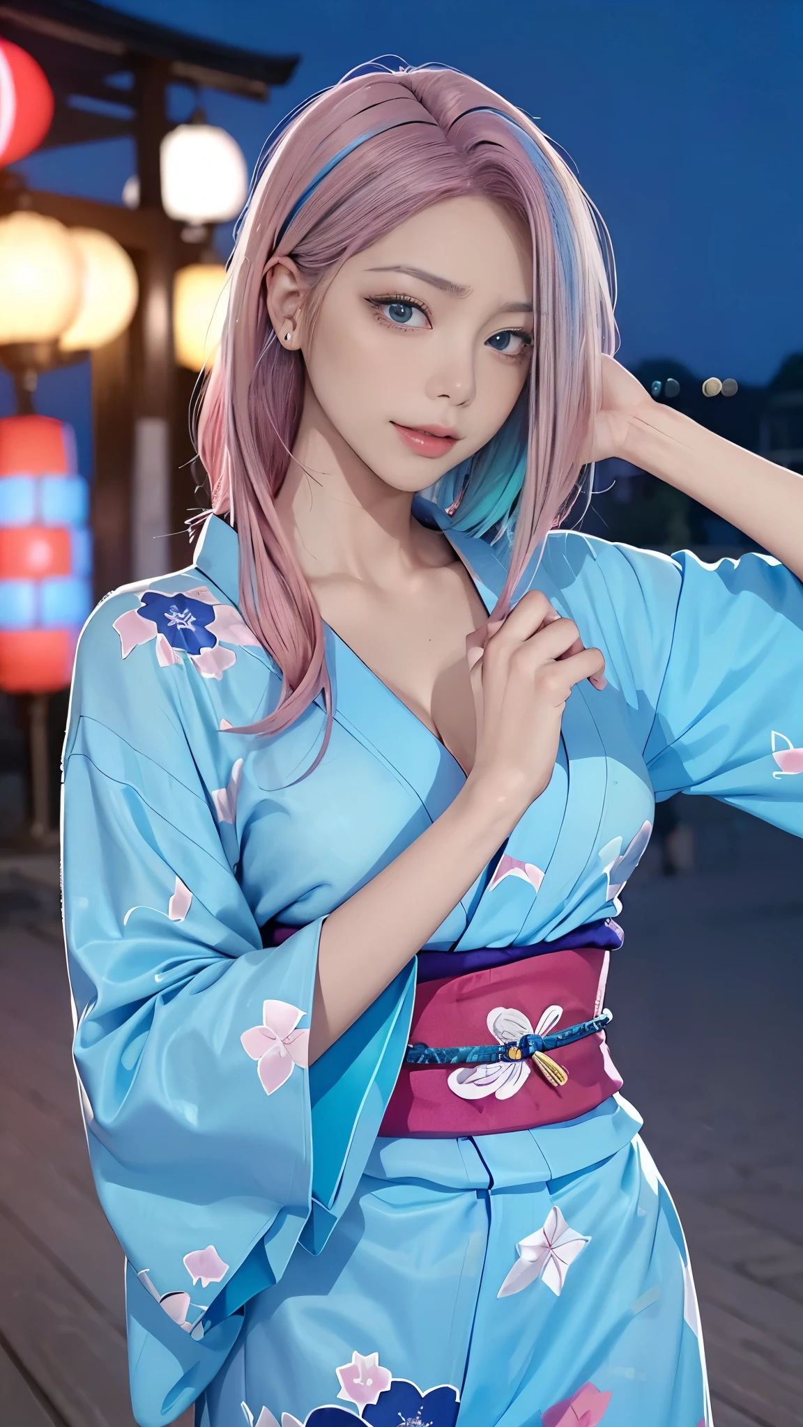 (masutepiece), (((Highest Quality)), (super detailed), 1 girl, (Iridescent hair, Colorful hair, Half blue and half pink hair: 1.2), 17 years old, (Yukata: 1.2), Midsummer Night、plein air, Bangs, Smile, sky-blue eyes, Perfect hands, Perfect hands, Hand Details, Corrected Fingers. earrings, Night Store + Background, up looking_in_viewer, Cowboy Shot, of the highest quality, rich detail, Perfect image quality, blue dark color、(night:1.5, Japanese Summer Festivals)