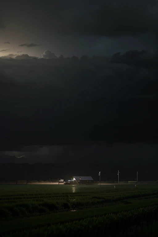 Country side , Rain is falling, very gentle, farmers are on the field, cloud is dark ,wind is blowing on the field, realistic 4k dark environment 