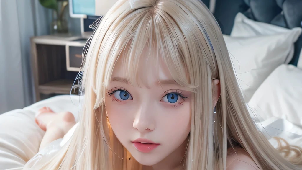 A very white and beautiful 20-year-old blonde girl、masterpiece, highest quality, shape, Ultra-fine detail, Natural platinum blonde with a natural shine、Super long straight silky hair、Super long hair like Rapunzel、Hair tangled all over the body、bangs over eyes、bangs on the face、Messy bangs、High resolution, 8K TV Wallpaper, Perfect dynamic composition, Big, bright, light blue eyes that shine beautifully、Very big eyes、of hotel(bed)、Small Face Beauty、Round face、double eyelid、Cheek gloss highlighter、On all fours