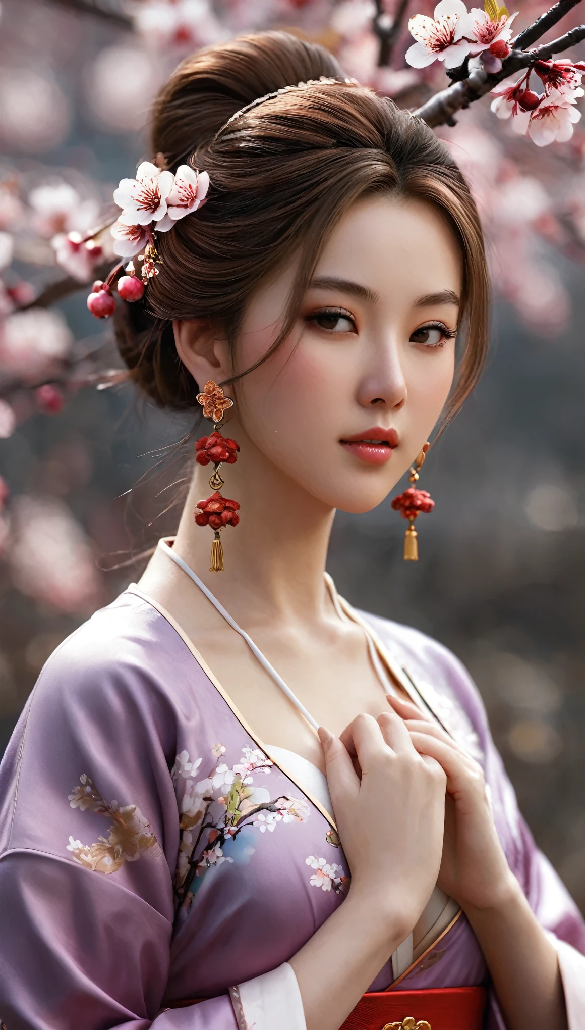 masterpiece,extremely detailed CG unity 8k wallpaper,1girl, beautiful, realistic, blurry, blurry_background, blurry_foreground, branch, brown_hair, plum blossom, depth_of_field, earrings, flower, jewelry, nose, realistic, solo,chinese clothes,fingers hidden, arms hidden, only wearing a bra