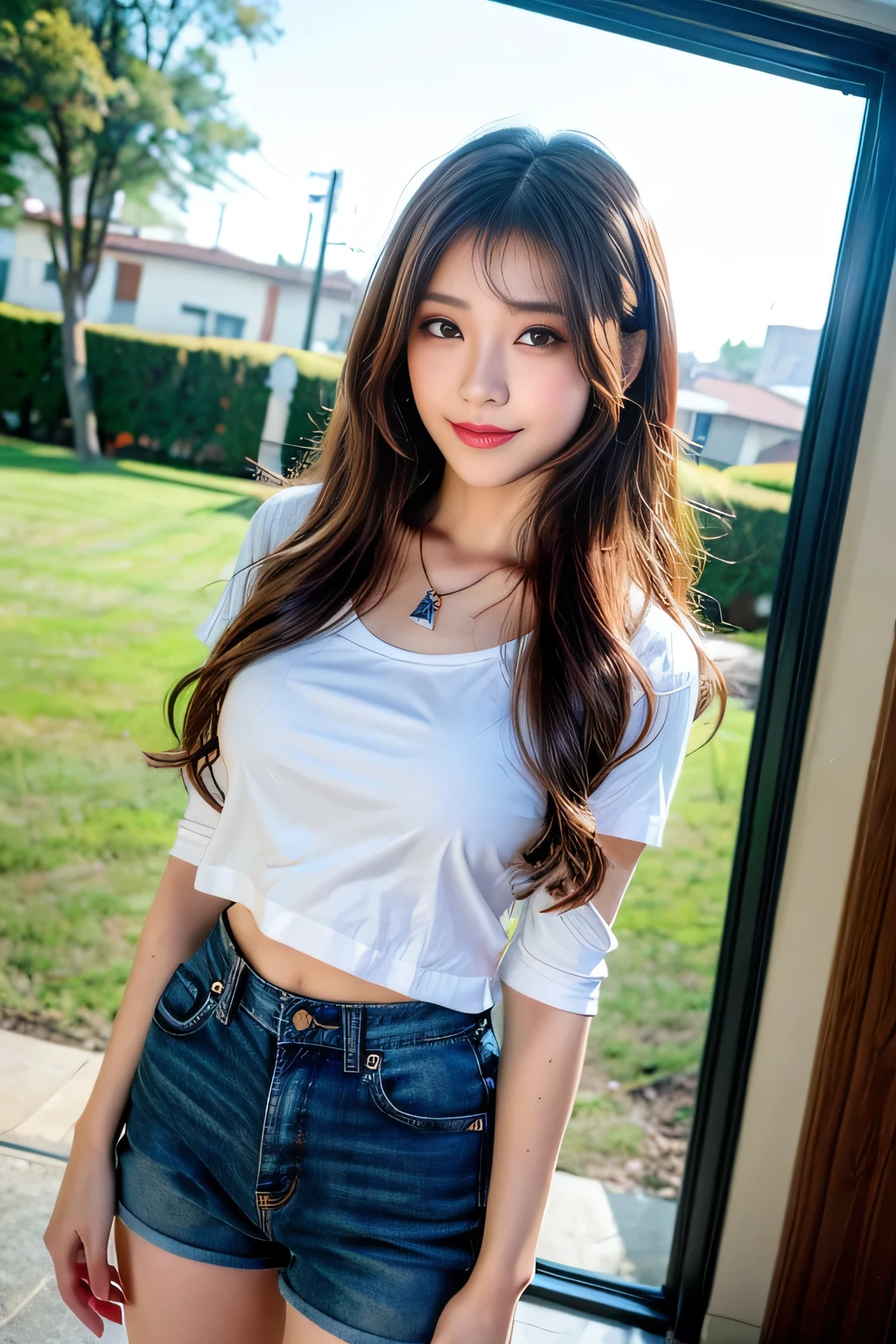 ((Full Body Angle))、((highest quality, 8K, masterpiece: 1.3)), concentrated: 1.2, Cute girl 1,Nipples erect、 Perfect beauty: 1.4,Cut and sewn T-shirt Raglan sleeve summer short sleeve T-shirt.Shorts: 1.2,Long sleeve、Randall Color、comics＆Text Graphics、Black ruffle-trimmed drawstring zip blouse,1.1, Highly detailed face and skin textures, Fine grain, double eyelid, whitening skin, ,highest quality,Ultra-high resolution,you,1 girl,alone,_Shiny_skin,Iris,necklace,((Brown_length_Wavy_hair)),(lips)),eyelash,Front hair,deal with,compensate,Shiny,pore,skin texture,Large Breasts、smiling face、