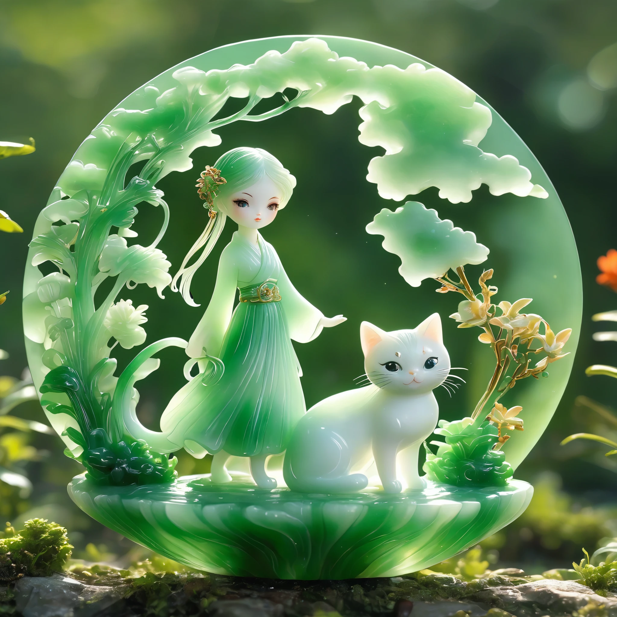 best quality, very good, 16K, ridiculous, Extremely detailed, Lovely(((Girl and cat:1.3)))，Made of translucent jadeite, Background grassland（（A masterpiece full of fantasy elements）））， （（best quality））， （（Intricate details））（8k）