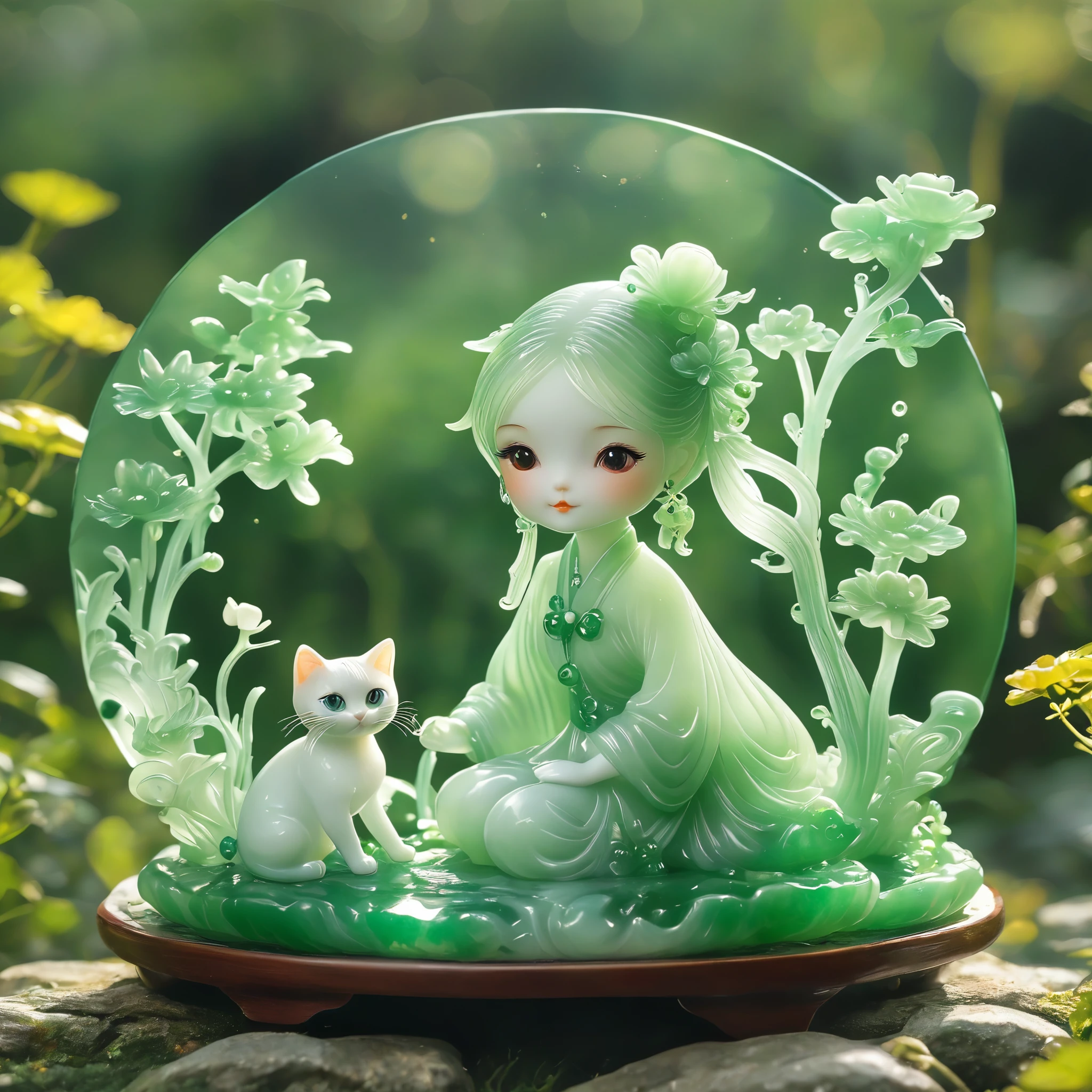 best quality, very good, 16K, ridiculous, Extremely detailed, Lovely(((Girl and cat:1.3))),Made of translucent jadeite, Background grassland((A masterpiece full of fantasy elements))), ((best quality)), ((Intricate details))(8k)