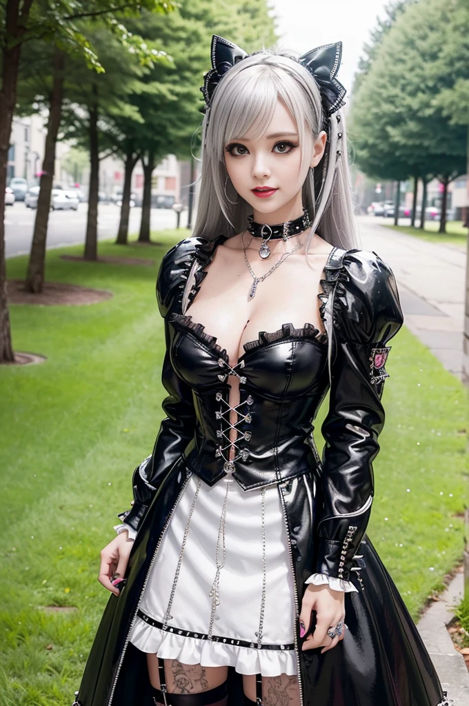 sexy stylish female model, only 1 female, ((doll-like appearance)), long multicolor stylish hair, ((shiny Punk-Style boots)), (big smile), ultra detailed eyes, Punk makeup, lipgloss, ((sexy Punk ta cosplay)), unconventional skirt, petticoats, high neckline, ((ultra detailed lace)), ((ultra detailed embroidery)), intricate details, tartan patterns, (silver chains), (silver spikes), (safety pins), Punk Loliccessoires, Punk Lolita cr, ((large sparkling Punk Lolita jewel, cinematic light, detailed large park background with trees 