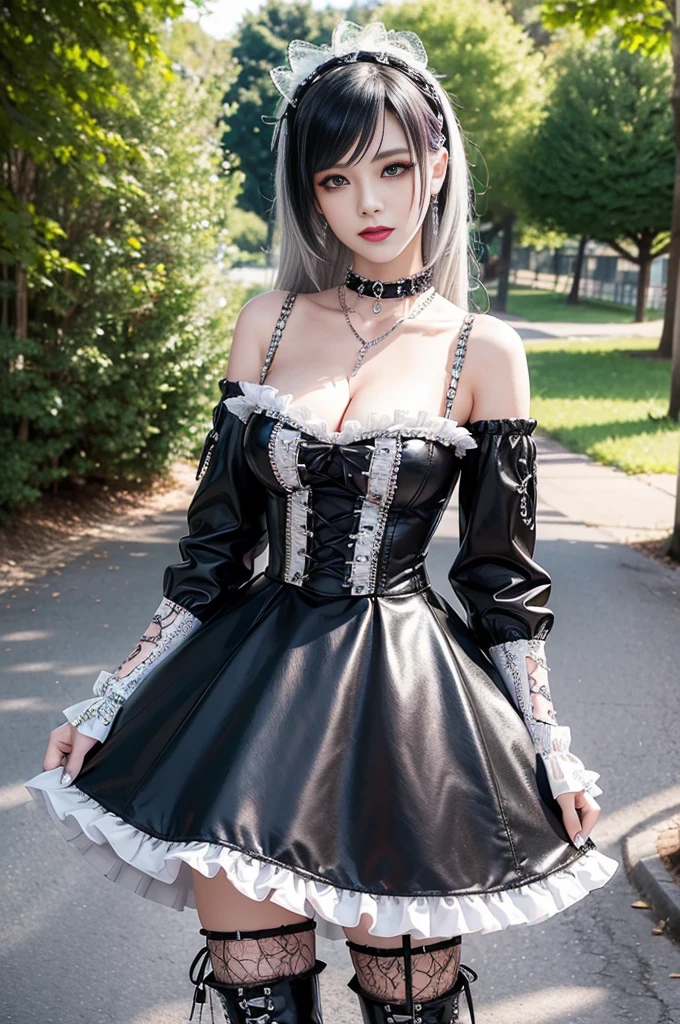 y stylish female model, only 1 female, ((doll-like appearance)), long multicolor stylish hair, ((shiny Punk-Style boots)), (big smile), ultra detailed eyes, Punk makeup, lipgloss, ((sexunk Lolitaay)), unconventional skirt, petticoats, high neckline, ((ultra detailed lace)), ((ultra detailed embroidery)), intricate details, tartan patterns, (silver chains), (silver spikes), (safety pins), Punk Lolita acces, Punk Lolita choker, ((lparkling Punk Lolita jewelry)), cinemaght, detailed large park background with trees