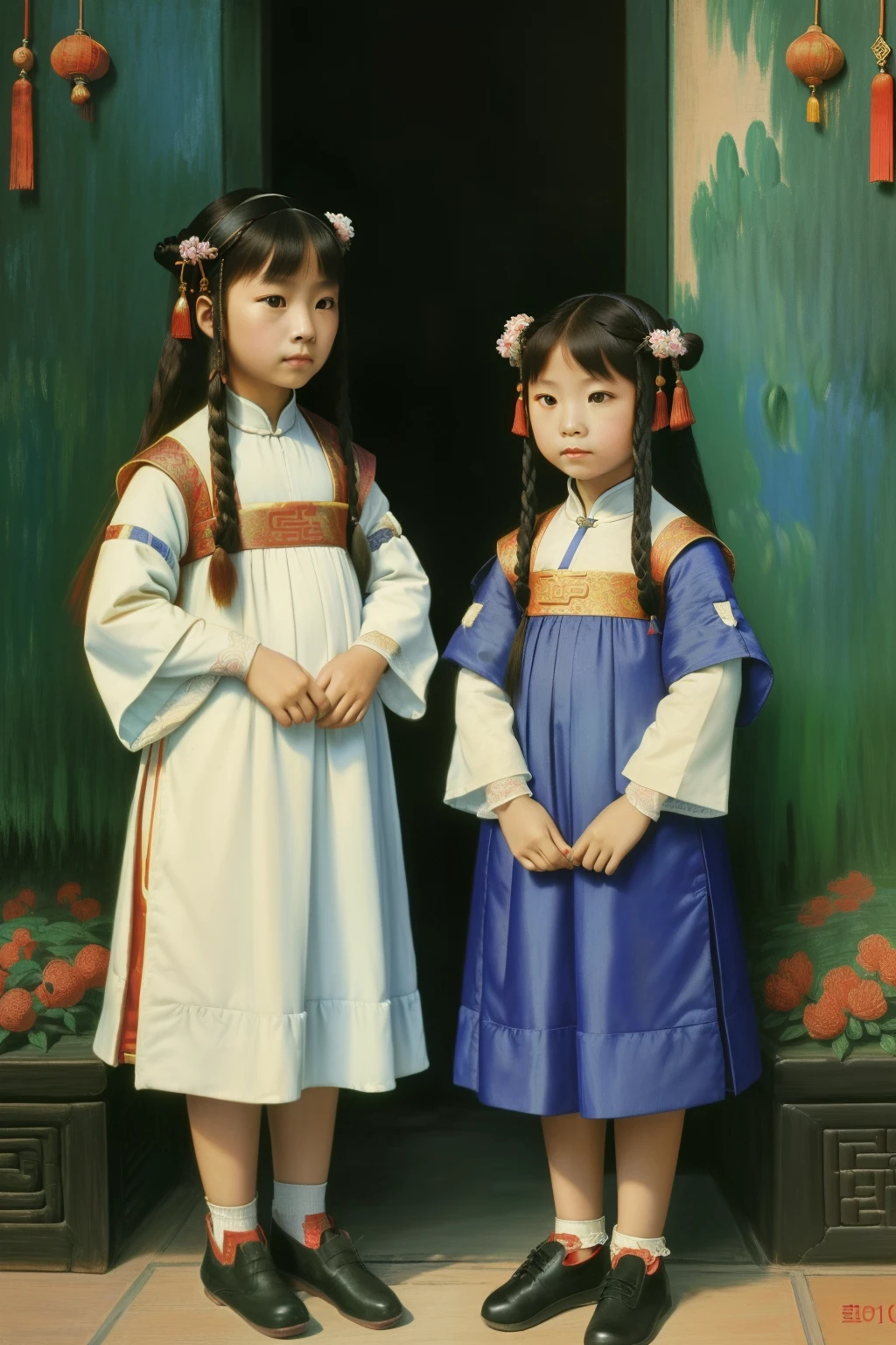 China, 1491. Two ten girls, sad, ((((chinese clothings from the 1490s)))), ((hairstyle of the 1490s)), ((colorful, Monet))