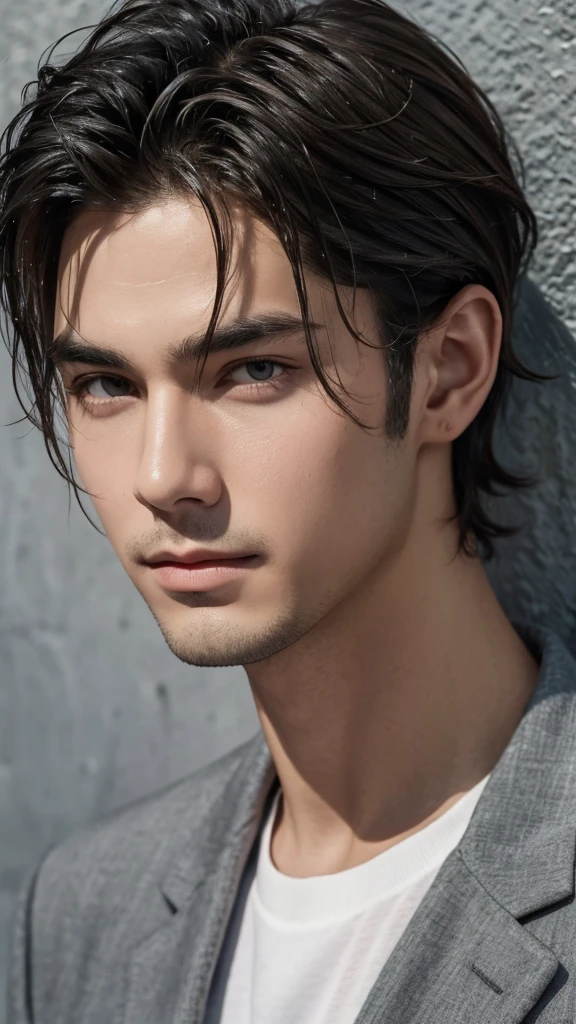 Portrait of handsome man with wet hair on gray wall background.