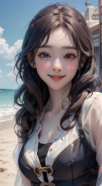 (RAW Photos:1.2), (Realistic:1.4),(masterpiece:1.3),(highest quality:1.4),超High resolution,High resolution,8k, (Highly detailed illustration), 1 girl, Beautiful face in every detail, Young girl, Long Curly Hair,smile,alone, View the viewer,Clear Background, At the Beach, Depth of written boundary, Natural light,(See-through silhouette),Ulzzang-6500-v1.1:0.7