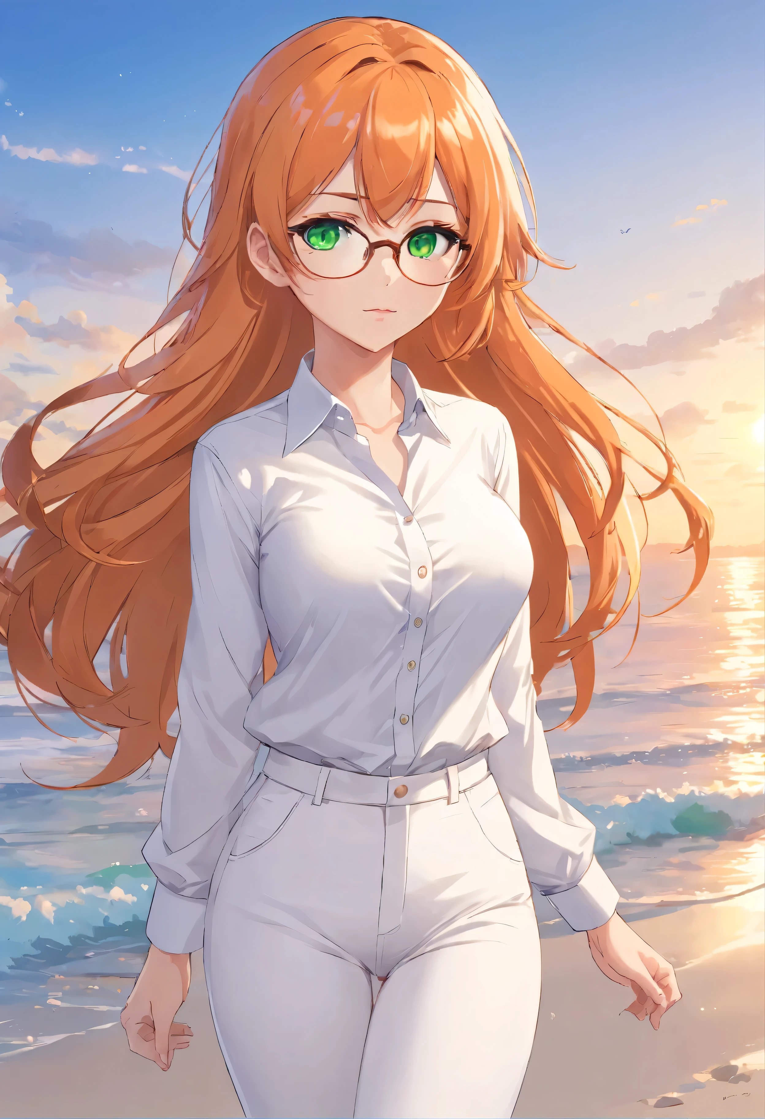 (masterpiece, Best quality), 8K, ultra detailed, realistic photo, Detailed face, perfect lighting, green eyes, bright orange hair, bright hair, fox ears, nice legs, side photo, beautiful, Cute, skin pores, 1 girl, perfect shirt, fully dressed, beautiful women 30 years old, Beautiful proportions, Russian woman, Caucasian, European, Business lady, stunningly beautiful woman, mother, thick legs, show ass, big breasts, (Thin white shirt:1.4), thick, hot, (White Office Wear:1.4), tight pants, (wide hips:1.2), thick, (white Office pants:1.3), spread your legs, Legs open, full length, wide hips, Glasses, with long orange hair, standing on the beach near the ocean, green eyes detailed digital anime art, cat ear, anime girl with long hair, гладкое аниме cg art, anime girl with long hair, digital anime art, work in Guweiz style, Beautiful anime portrait, Photorealistic render of an anime girl, pantyhose, Beautiful anime girl, advanced digital anime art, guweiz на artstation pixiv HD UHD HQ