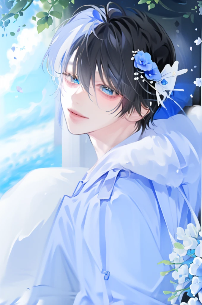 (muste piece), (highest quality), very detailed, (two boys:1.4), concentrated，perfect face, beautiful face, very detailed顔，(blue eyes:1.3)，flower，butterfly々，flower petals，Light，(smile:1.3)，(white haired boy:1.4)，(black haired boy:1.4)