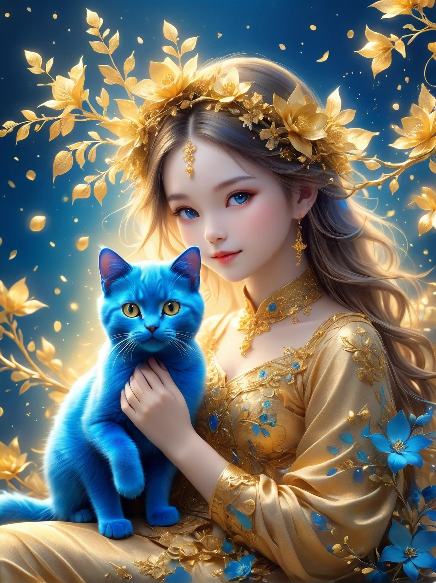 Girl made of golden flowers sitting on a branch，Holding a blue cat，blur background，Highly detailed，lifelike，Lifelike，Air flash particles，Studio Photos，Highly detailed，dynamic，，masterpiece，complex，hdr，Abstract fractal，Romantic atmosphere，Award-winning photos