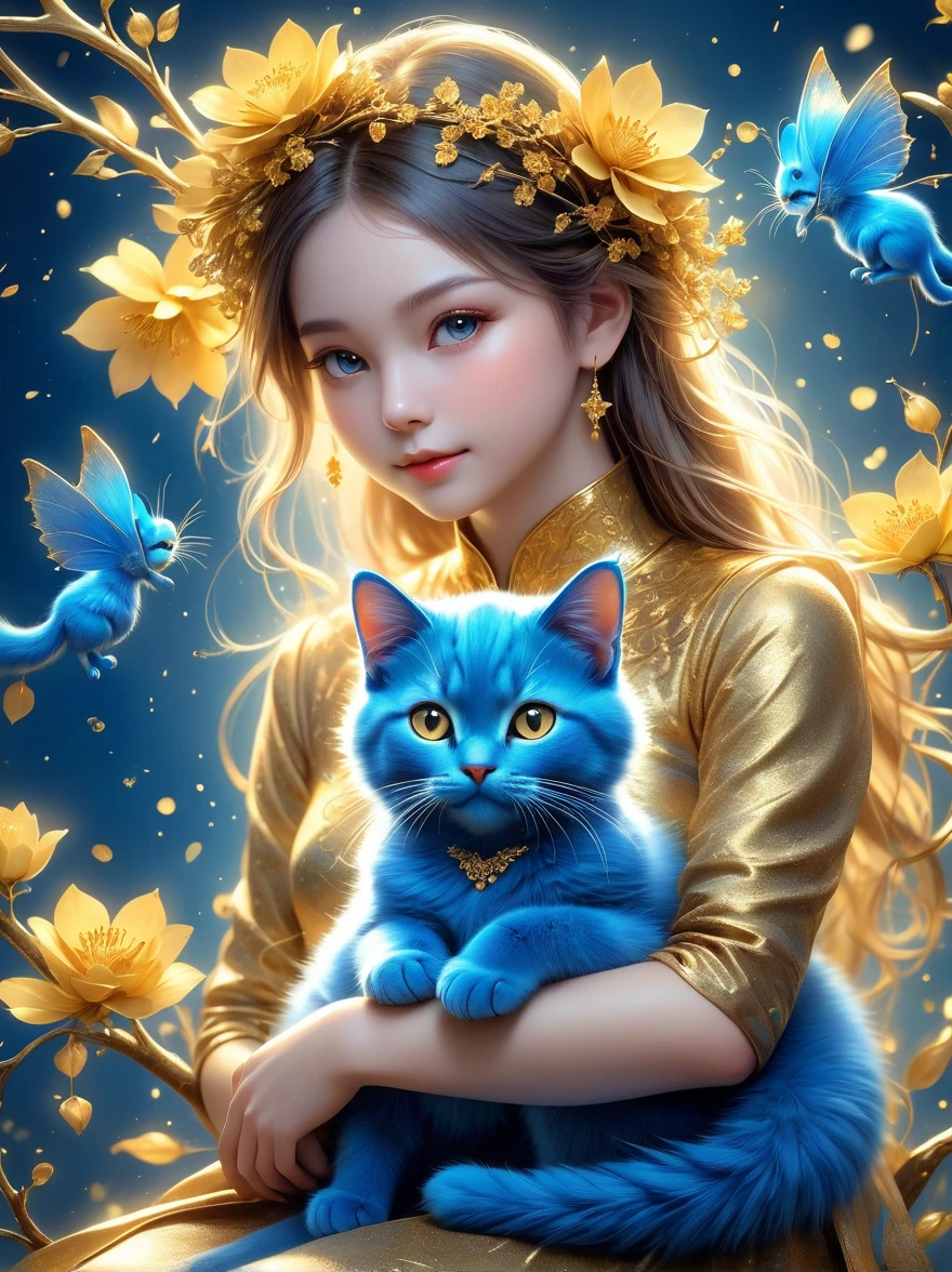 Girl made of golden flowers sitting on a branch，Holding a blue cat，blur background，Highly detailed，lifelike，Lifelike，Air flash particles，Studio Photos，Highly detailed，dynamic，，masterpiece，complex，hdr，Abstract fractal，Romantic atmosphere，Award-winning photos