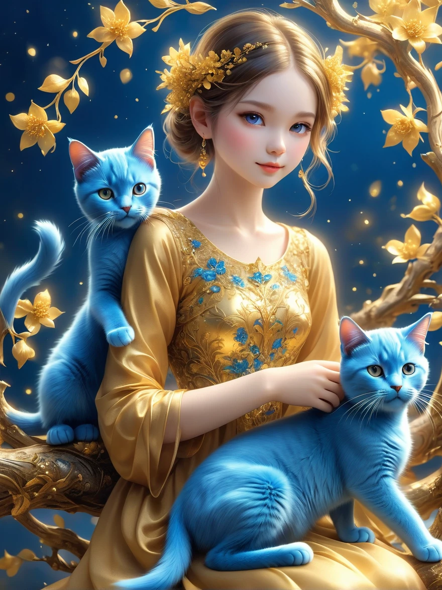 Girl made of golden flowers sitting on a branch，Holding a blue cat，blur background，Highly detailed，lifelike，Lifelike，Air flash particles，Studio Photos，Highly detailed，dynamic，，masterpiece，complex，hdr，Abstract fractal，Romantic atmosphere，Award-winning photos