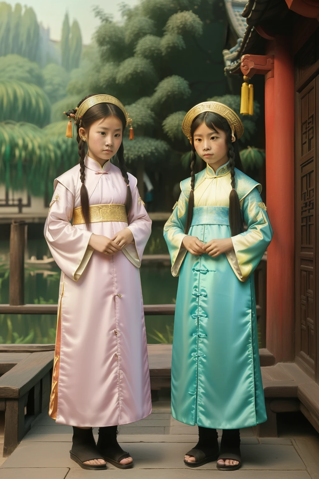 China, 1491. Two  girls, sad, ((((chinese clothings from the 1490s)))), ((hairstyle of the 1490s)), ((colorful, Monet))