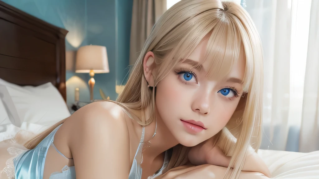 A very white and beautiful 20-year-old blonde girl、masterpiece, highest quality, shape, Ultra-fine detail, Natural platinum blonde with a natural shine、Super long straight silky hair、Super long hair like Rapunzel、Hair tangled all over the body、bangs over eyes、bangs on the face、Messy bangs、High resolution, 8K TV Wallpaper, Perfect dynamic composition, Big, bright, light blue eyes that shine beautifully、Very big eyes、of hotel(bed)、Small Face Beauty、Round face、double eyelid、Cheek gloss highlighter、On all fours