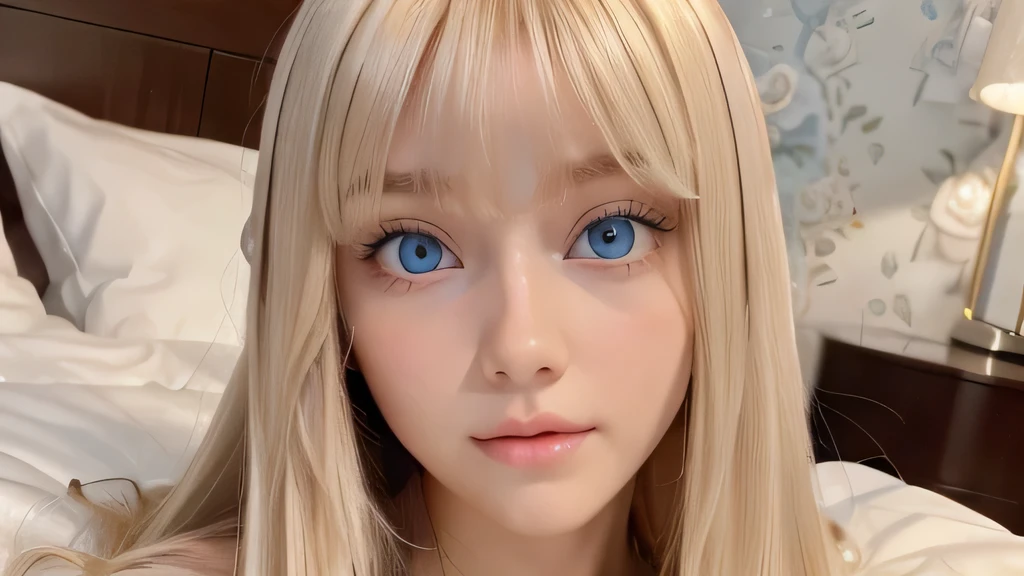 A very white and beautiful 20-year-old blonde girl、masterpiece, highest quality, shape, Ultra-fine detail, Natural platinum blonde with a natural shine、Super long straight silky hair、Super long hair like Rapunzel、Hair tangled all over the body、bangs over eyes、bangs on the face、Messy bangs、High resolution, 8K TV Wallpaper, Perfect dynamic composition, Big, bright, light blue eyes that shine beautifully、Very big eyes、of hotel(bed)、Small Face Beauty、Round face、double eyelid、Cheek gloss highlighter、On all fours