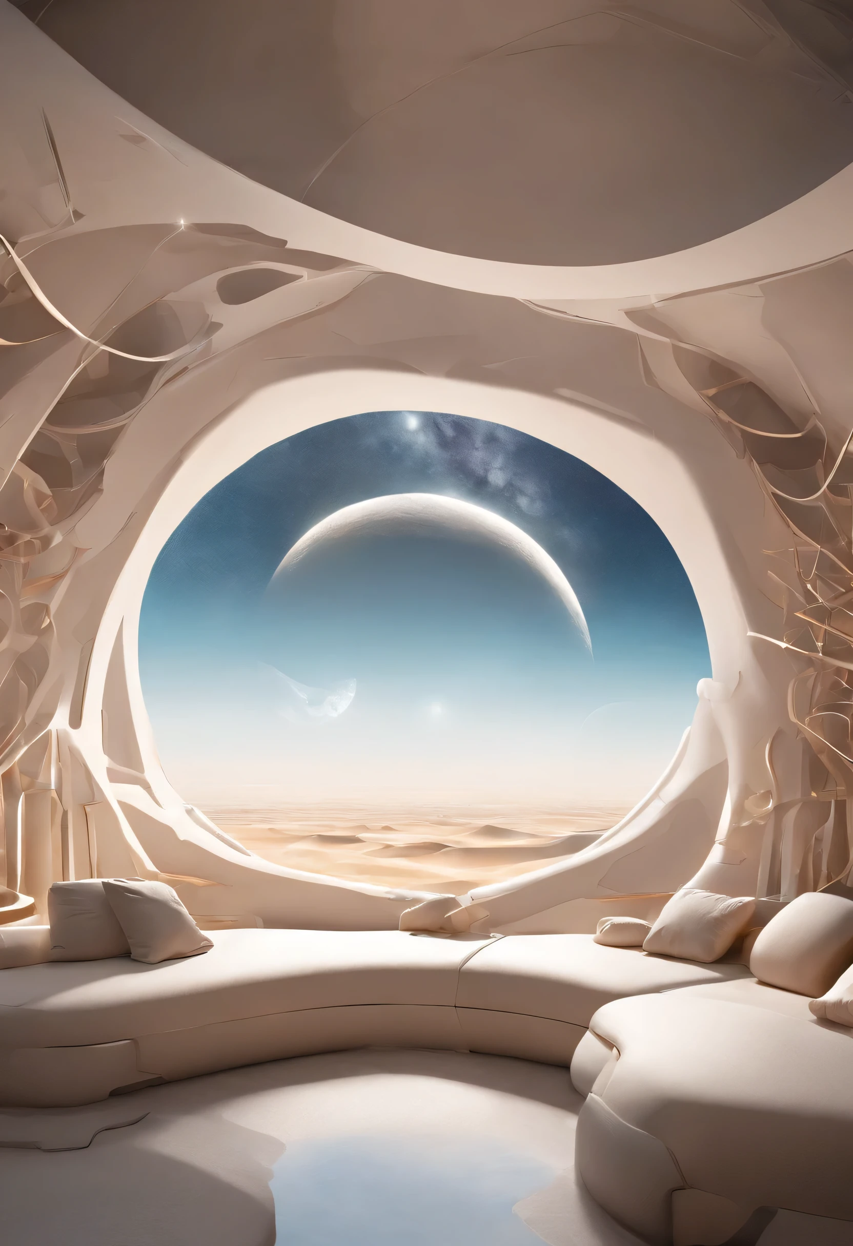 Surrealism, high detail, interior architecture, modern, multiple views, UHD,In the future world,There is a dreamlike white desert。The middle of the desert,A smart sofa is quietly placed。Around the sofa,Dotted with some transparent amber glowing spheres,They sparkle with charming light。In the background,A huge moon hangs high in the sky,Adds a touch of mystery and romance to this desert。