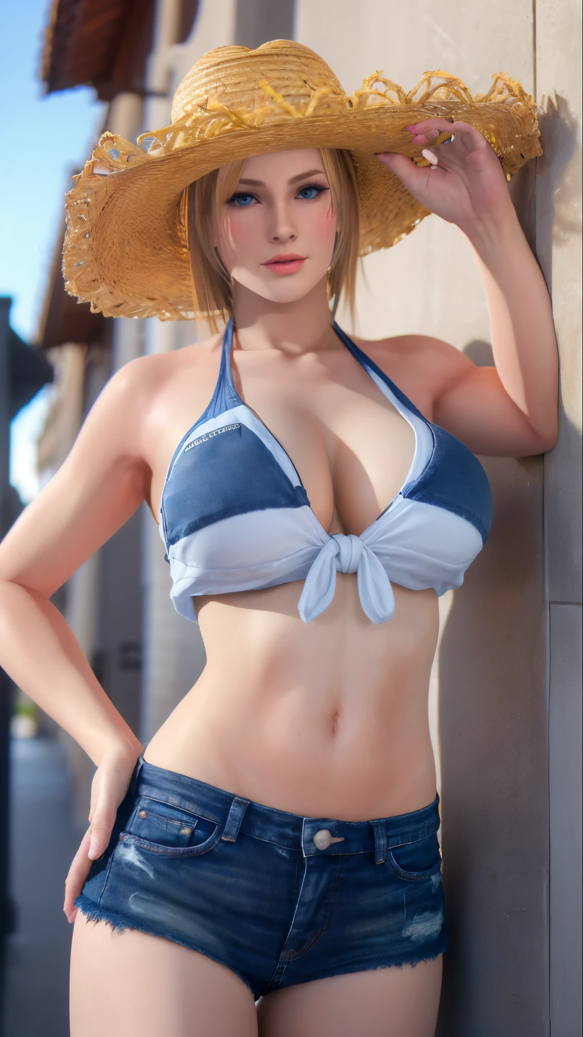 best quality,masterpiece,8k wallpaper,absurdres, highres, ultra detailed, (ung beautiful girl, solo:1.1),blonde hair,blue eyes,short hair,realistic, USA bikini, cowboy hat, Jeans